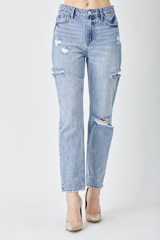 Medium Wash Distressed Slim Cropped JeansJeansRISEN