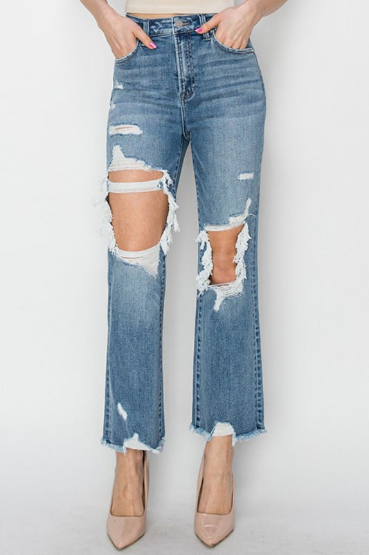 Medium Wash High Rise Distressed Crop JeansJeansRISEN