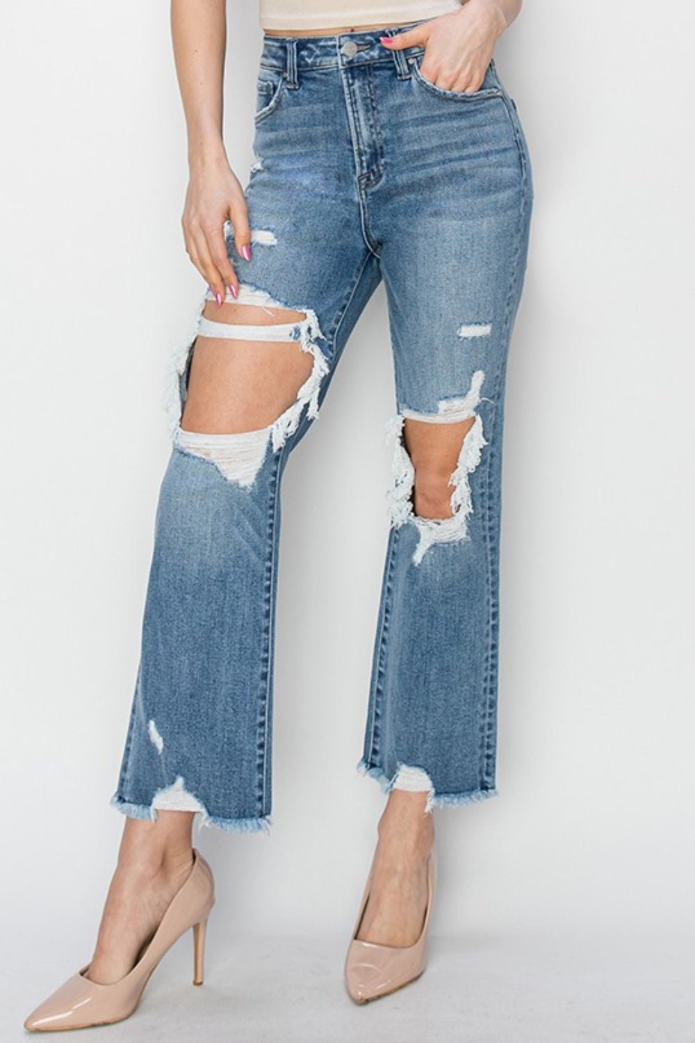 Medium Wash High Rise Distressed Crop JeansJeansRISEN