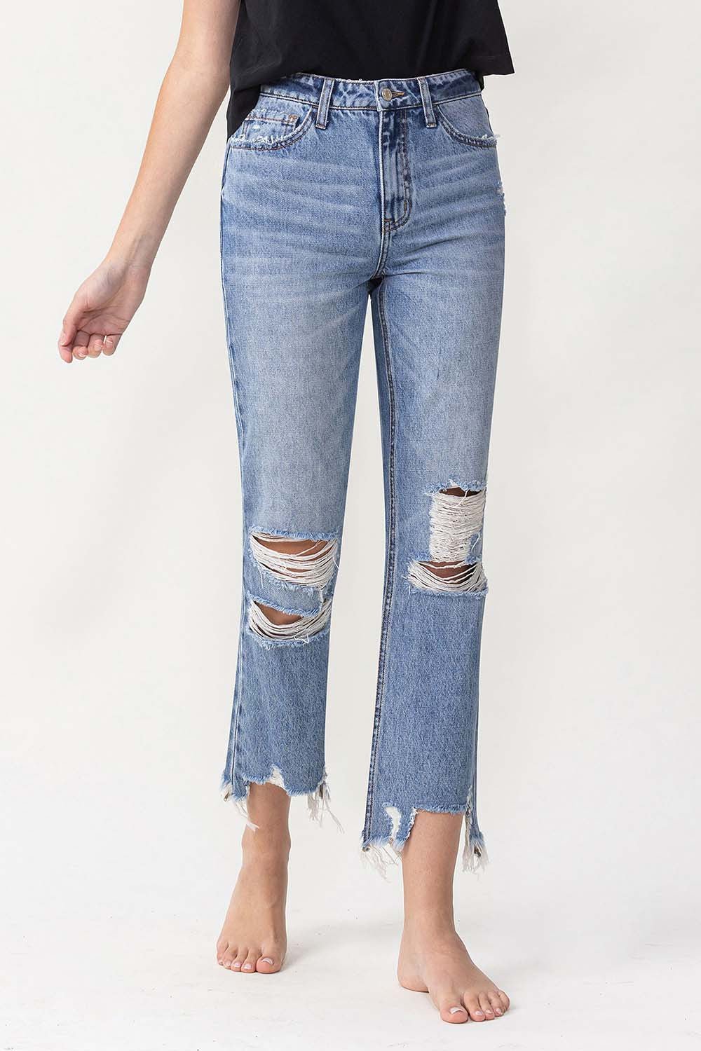 Medium Wash High Rise Distressed Crop JeansJeansLovervet