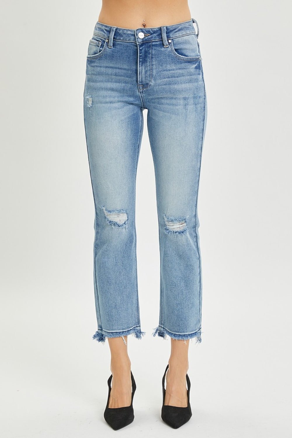 Medium Wash High Rise Distressed Cropped Straight Leg JeansJeansRISEN