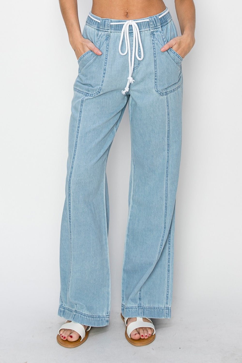 Medium Wash High Rise Drawstring Waist Straight Leg JeansJeansRISEN