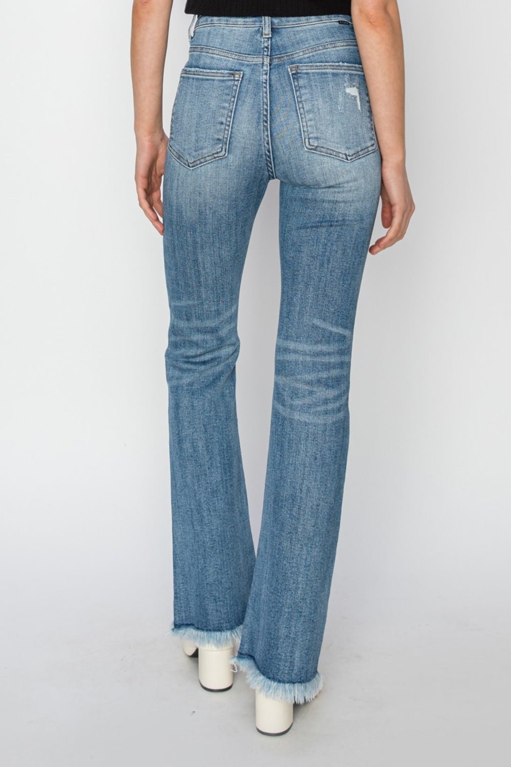 Medium Wash High Rise Frayed Hem Bootcut JeansJeansRISEN