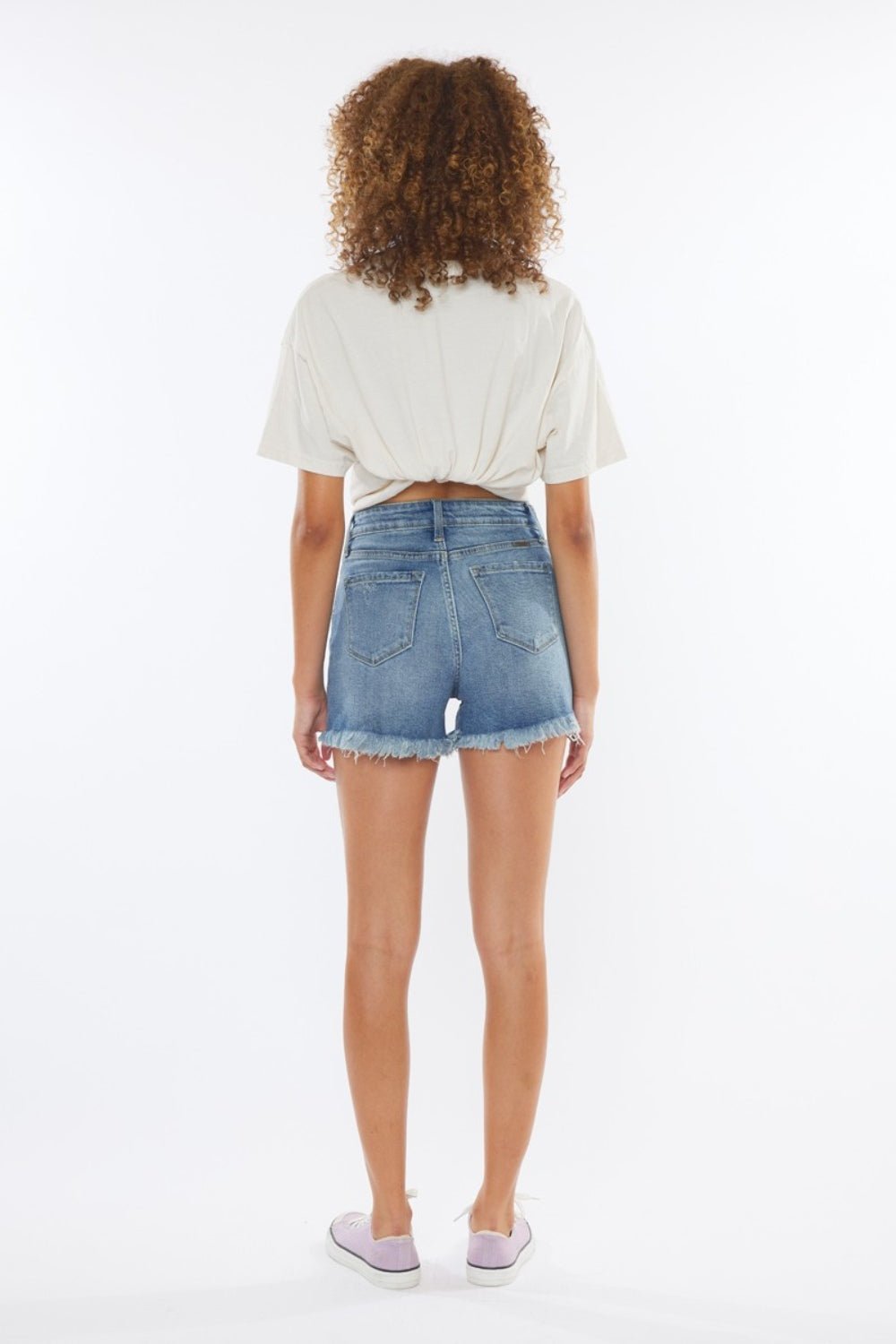 Medium Wash High Rise Frayed Hem Denim ShortsShortsKancan