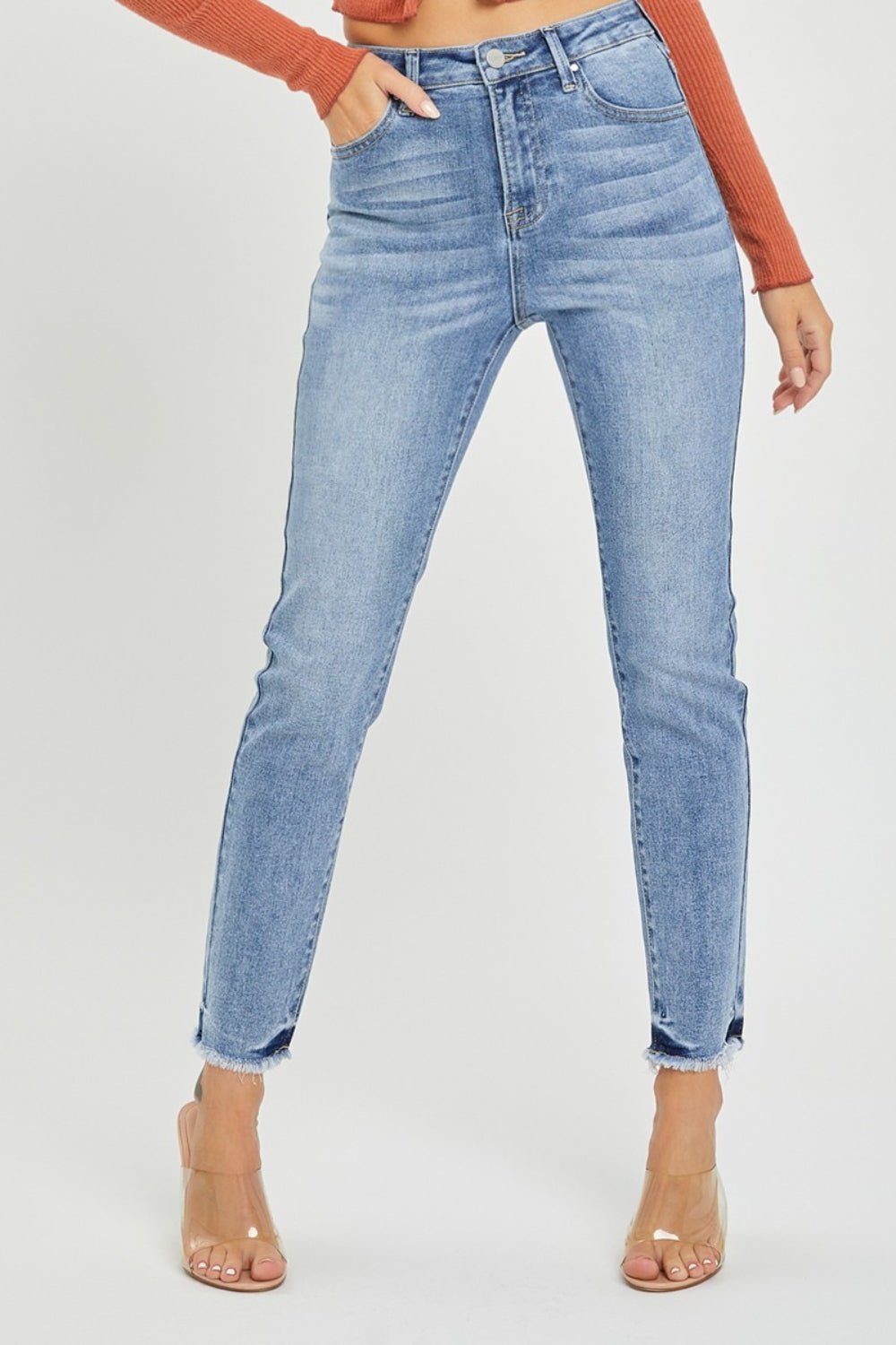 Medium Wash High Rise Frayed Hem Skinny JeansJeansRISEN