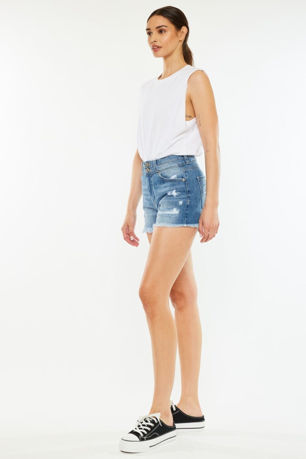 Medium Wash High Rise Raw Hem Denim ShortsShortsKancan