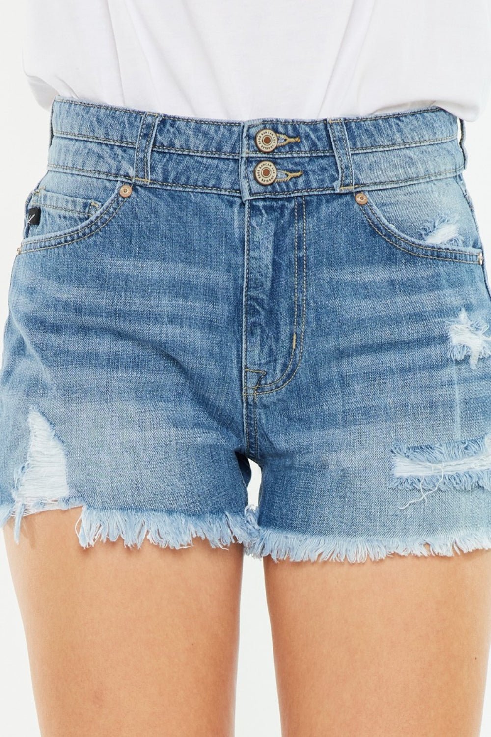 Medium Wash High Rise Raw Hem Denim ShortsShortsKancan