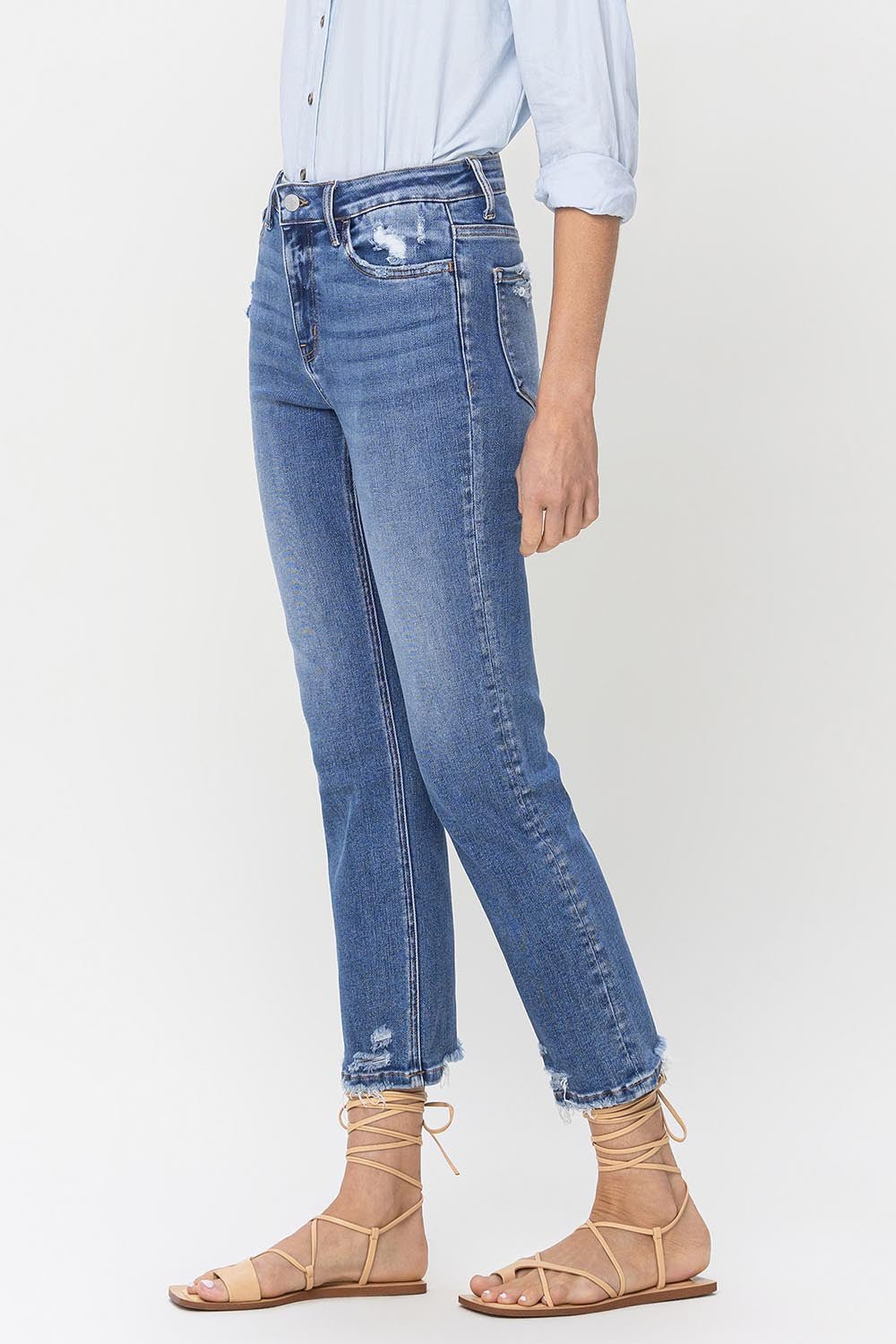 Medium Wash High Rise Raw Hem Straight JeansJeansLovervet