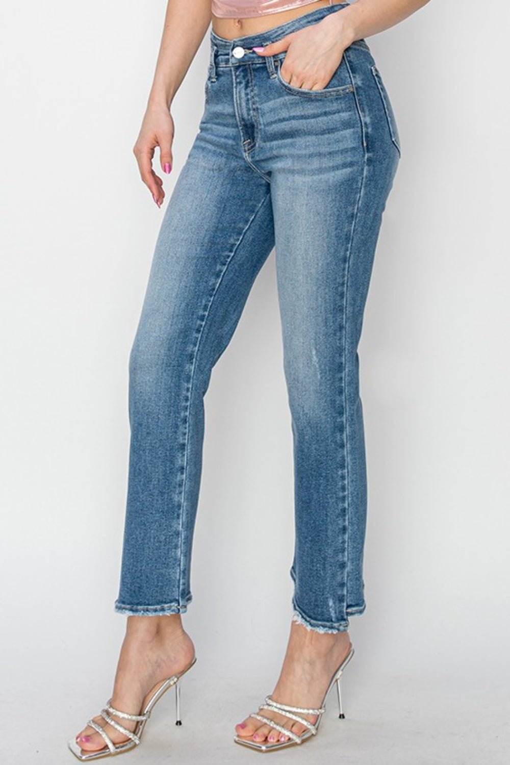Medium Wash High Rise Slim Fit Straight Leg JeansJeansRISEN