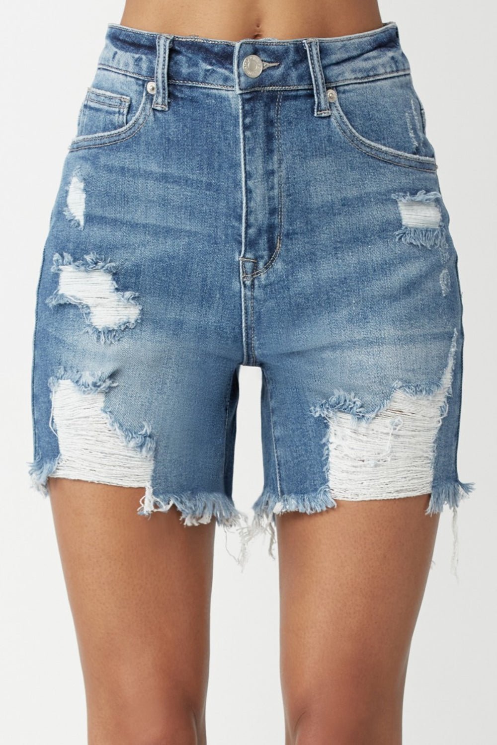 Medium Wash High Waisted Distressed Denim ShortsShortsRISEN