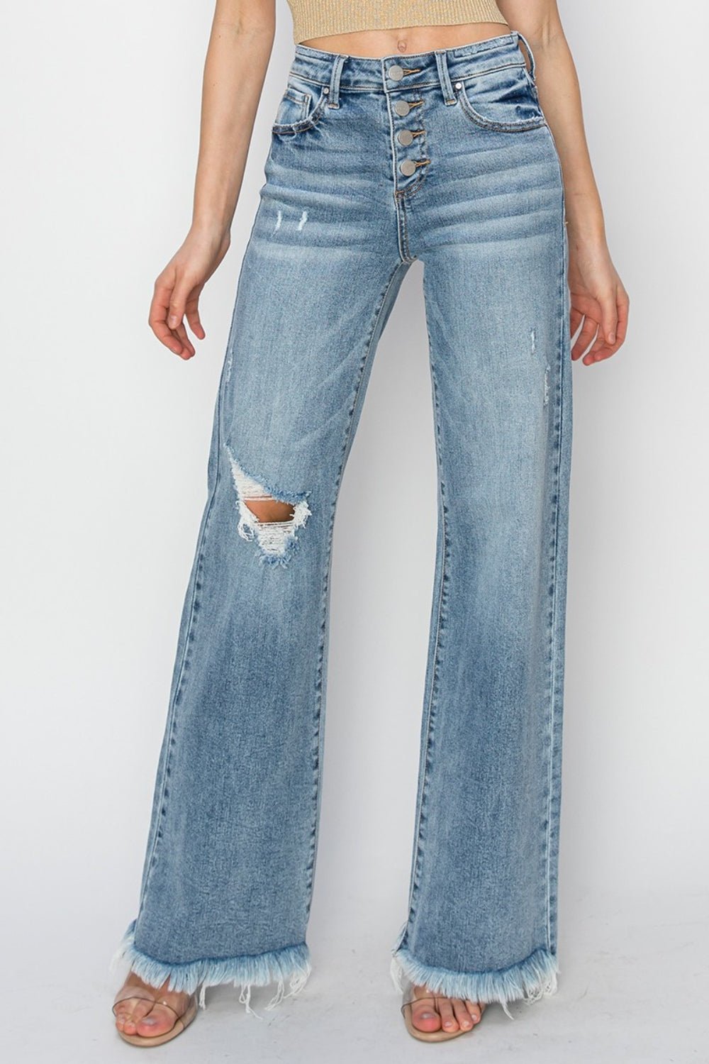Medium Wash Mid Rise Button Fly Wide Leg JeansJeansRISEN