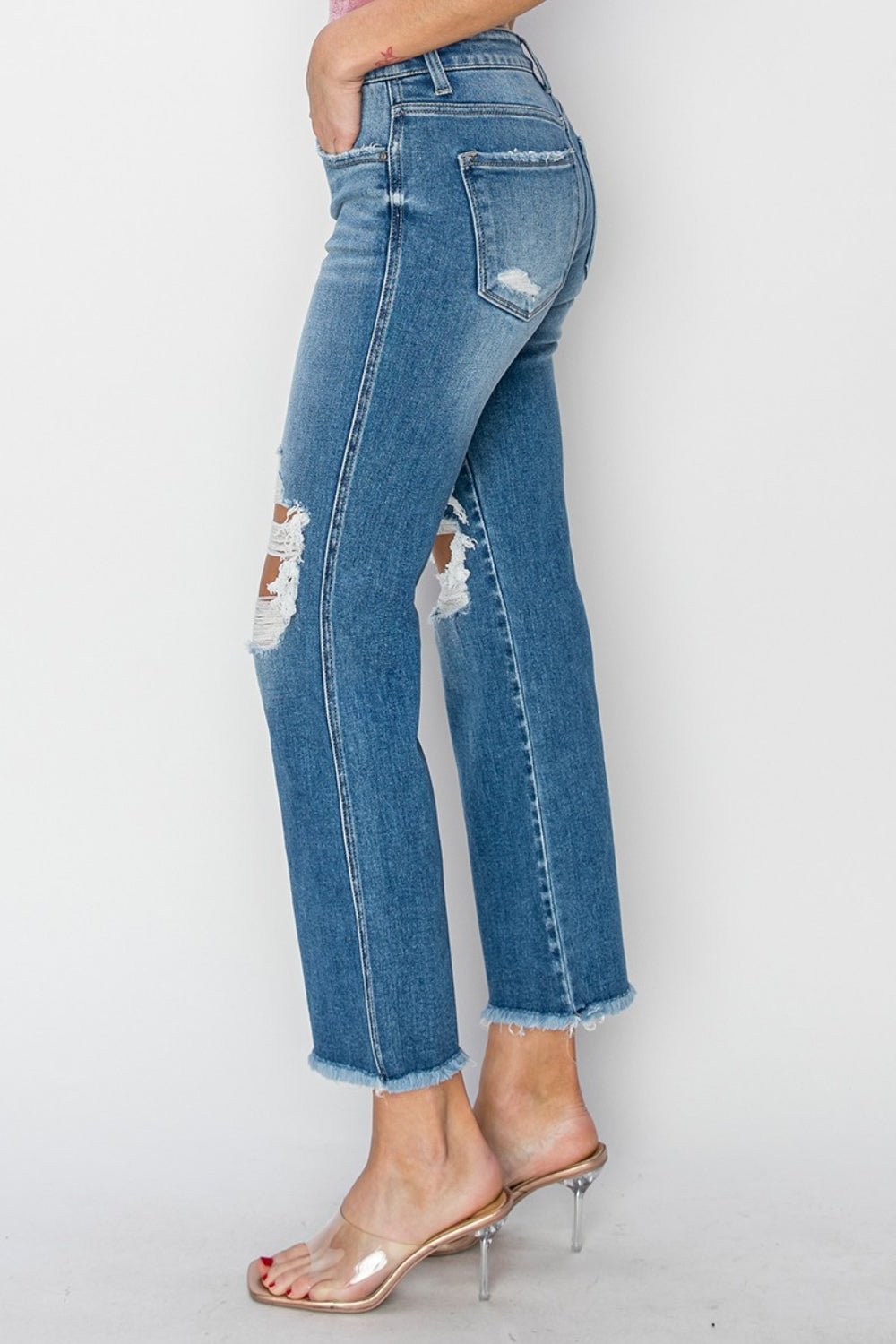 Medium Wash Mid Rise Distressed Cropped Flare JeansJeansRISEN