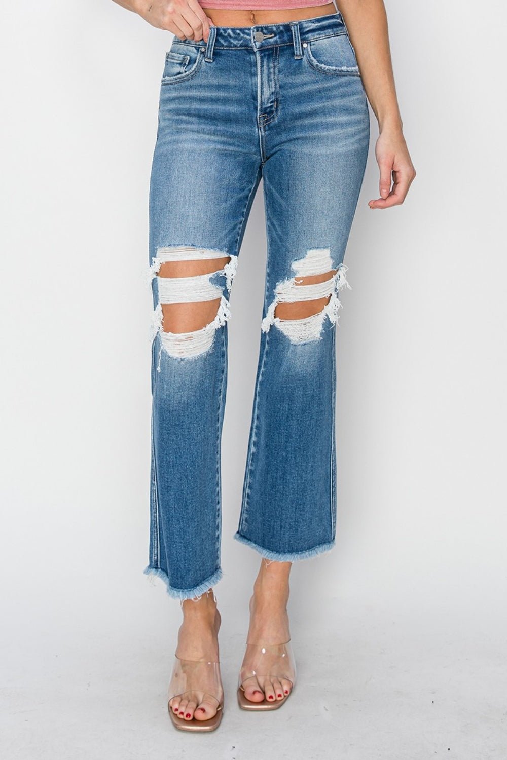 Medium Wash Mid Rise Distressed Cropped Flare JeansJeansRISEN