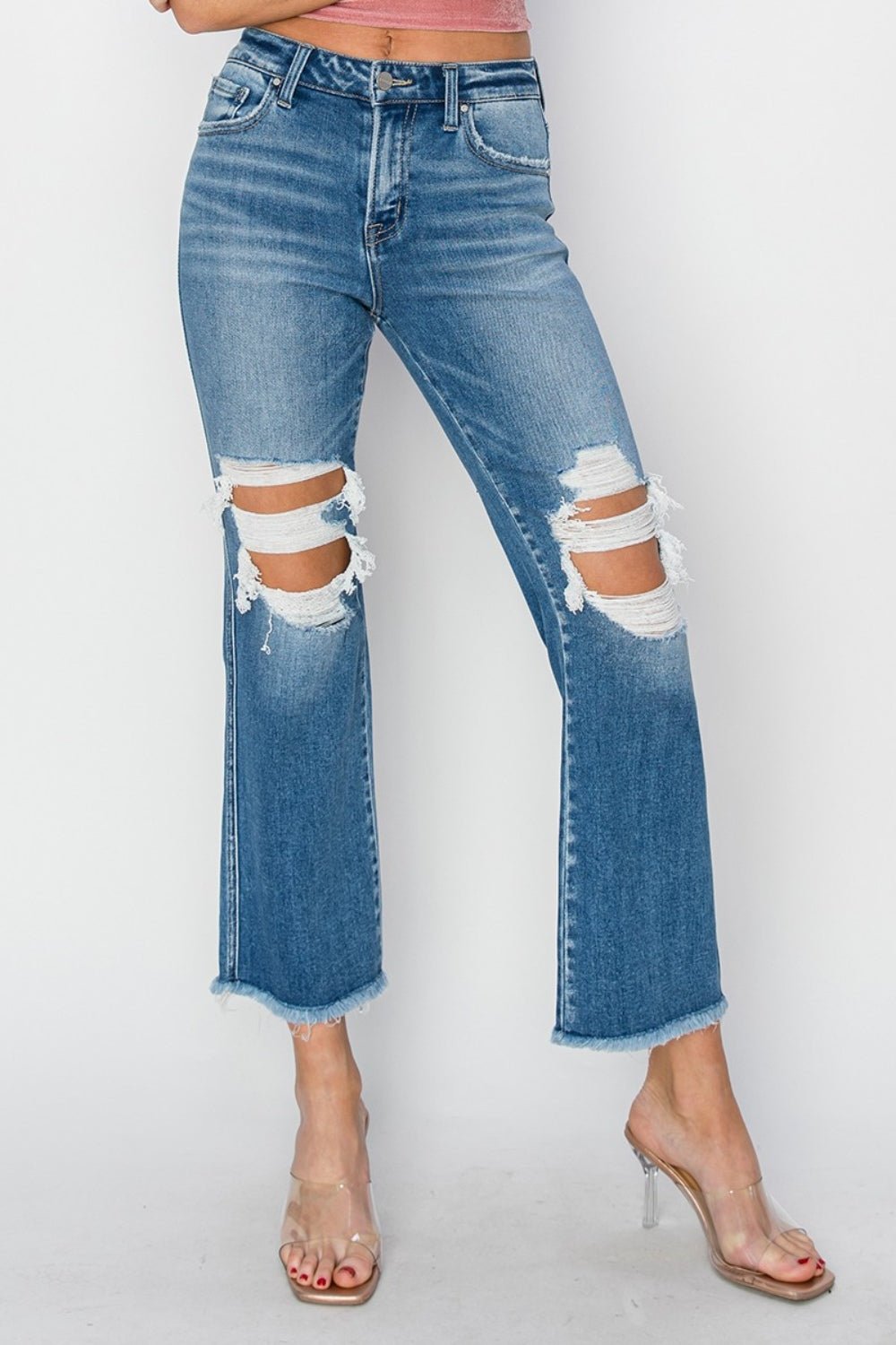 Medium Wash Mid Rise Distressed Cropped Flare JeansJeansRISEN