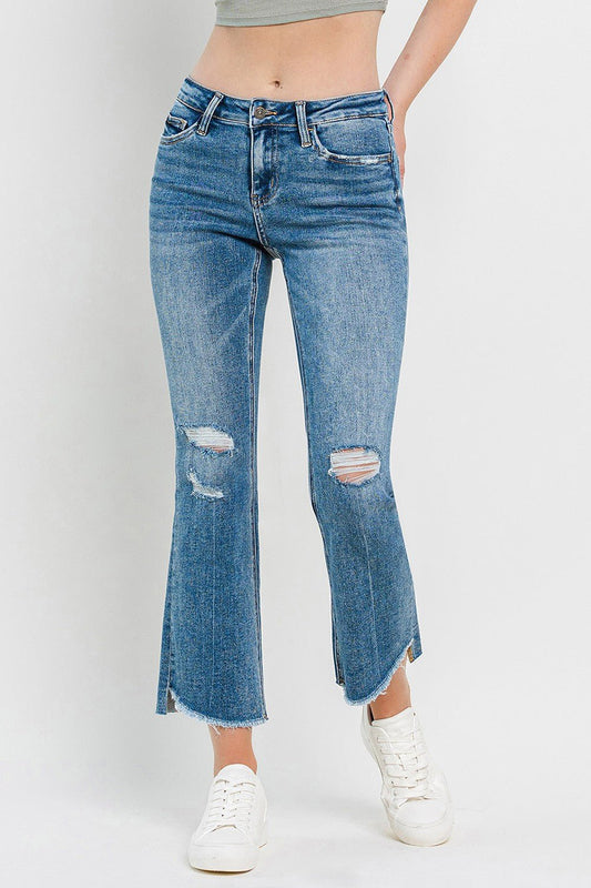 Medium Wash Mid Rise Distressed Cropped Flare JeansJeansVervet by Flying Monkey