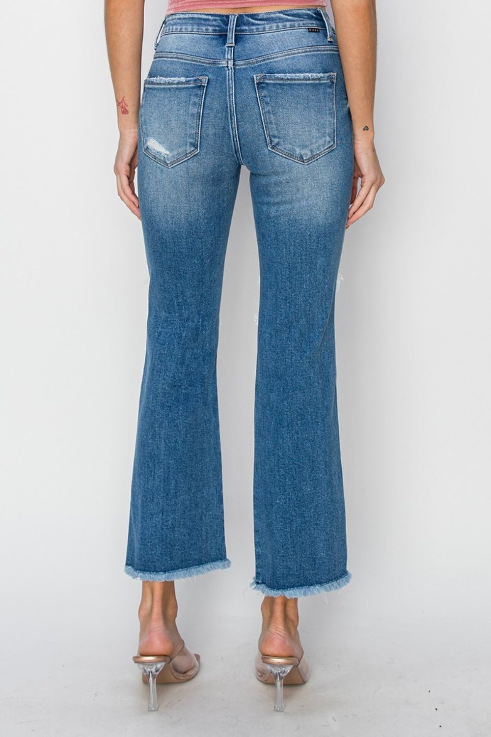 Medium Wash Mid Rise Distressed Cropped Flare JeansJeansRISEN