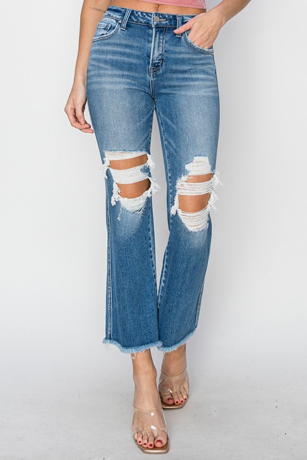 Medium Wash Mid Rise Distressed Cropped Flare JeansJeansRISEN