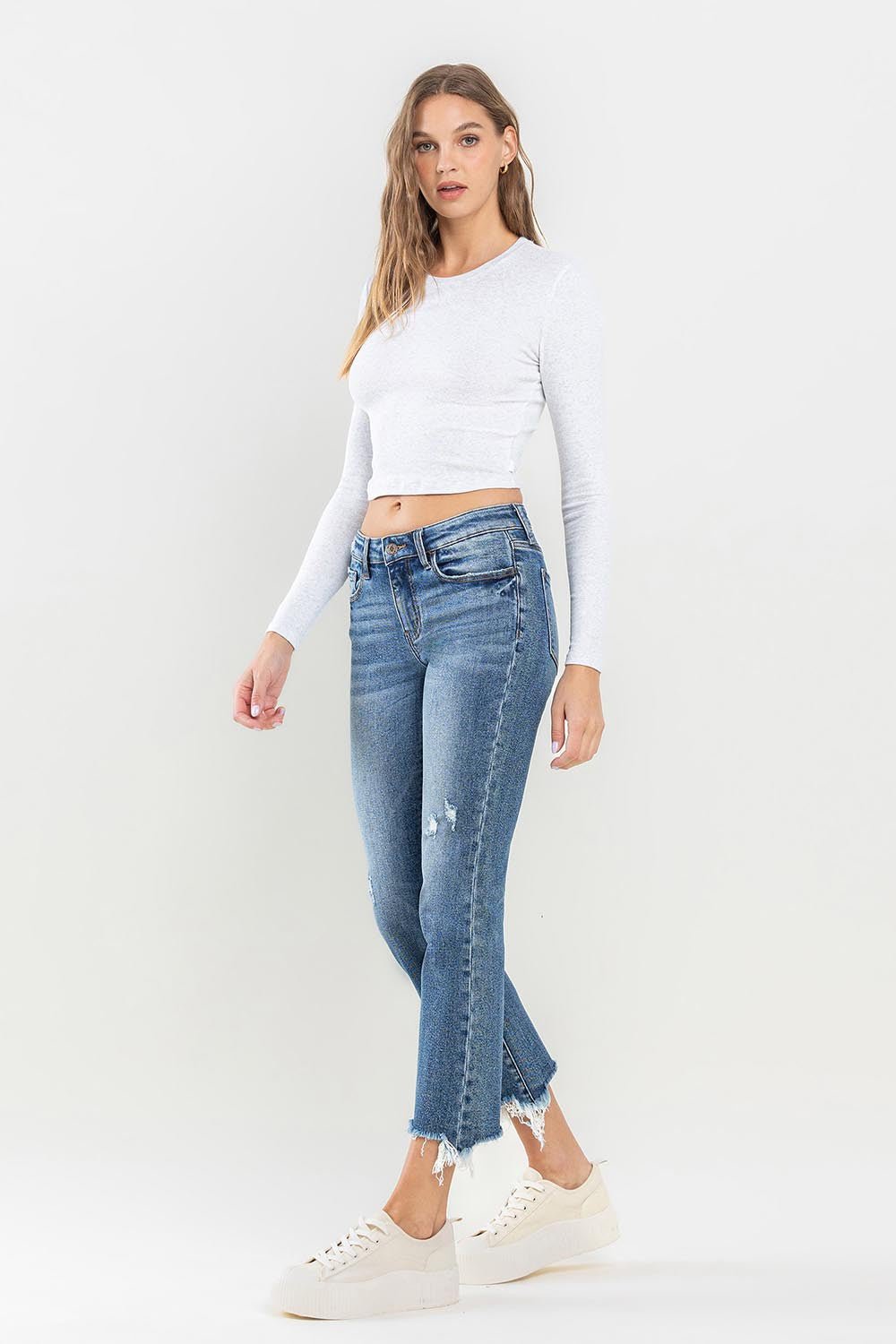Medium Wash Mid Rise Frayed Hem JeansJeansLovervet