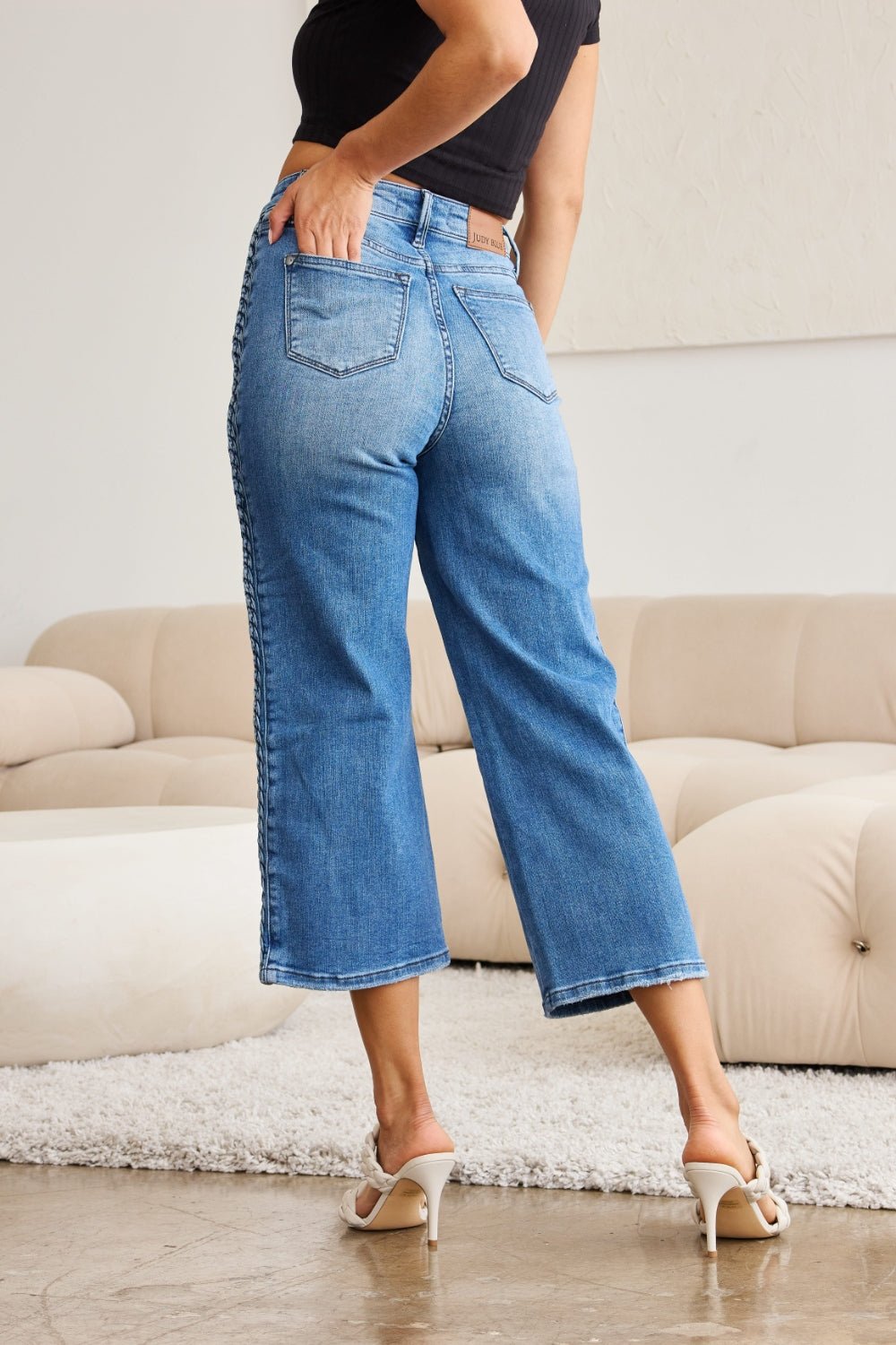 Medium Wash Side Braid Detail Wide Leg Crop JeansJeansJudy Blue