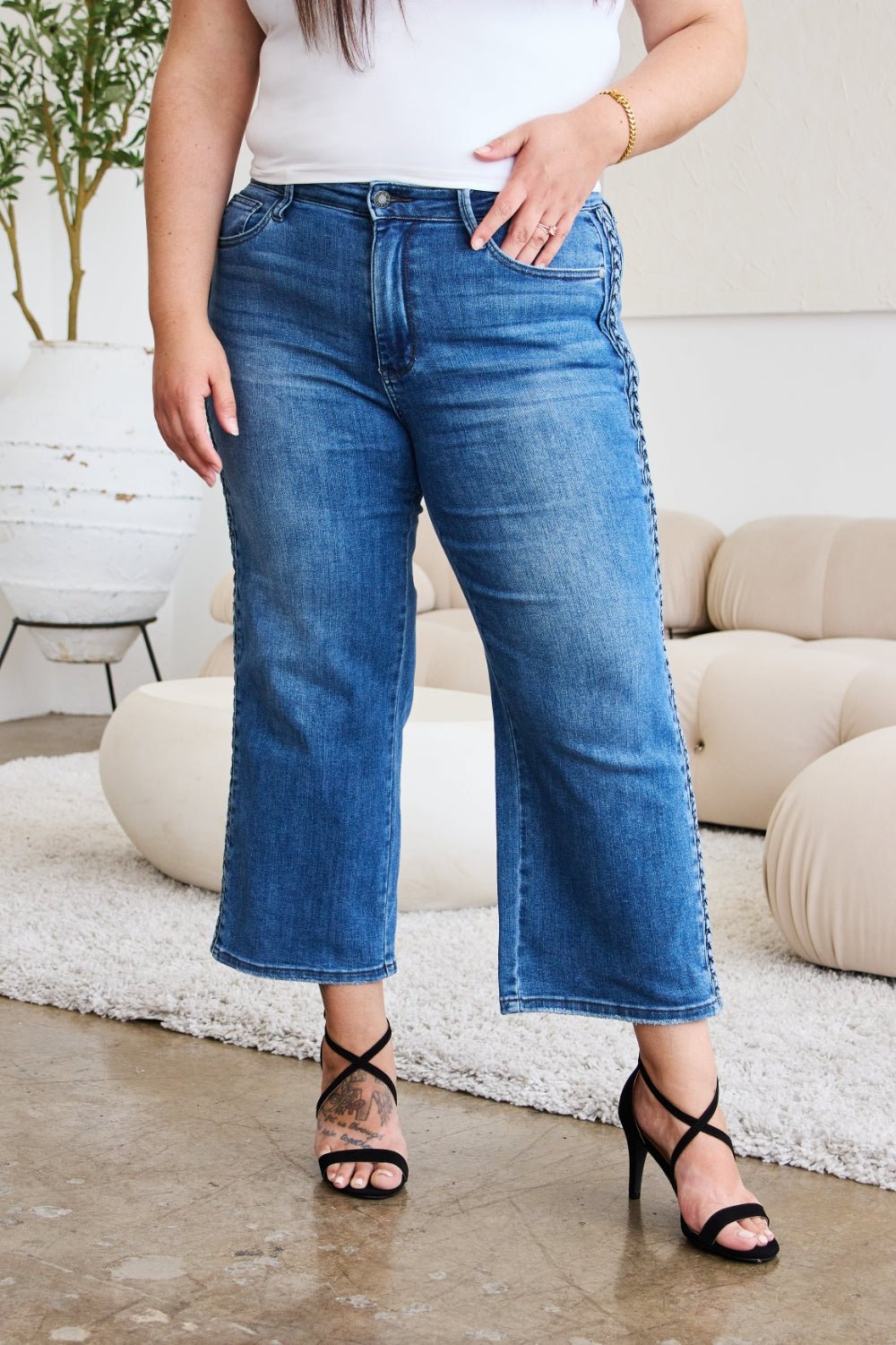 Medium Wash Side Braid Detail Wide Leg Crop JeansJeansJudy Blue