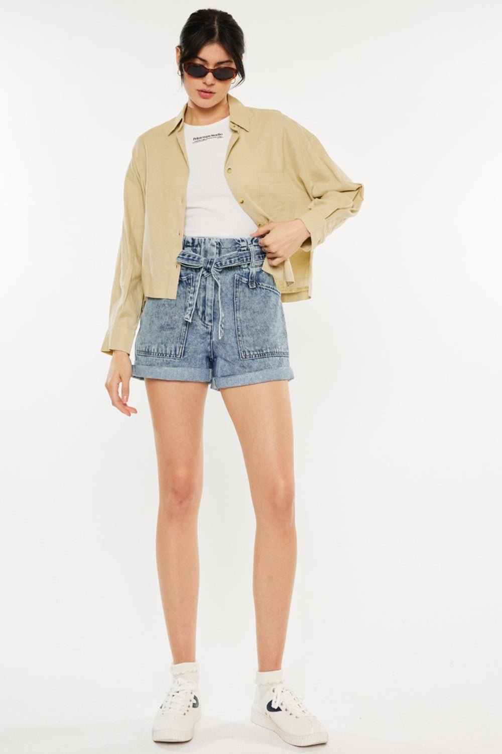 Medium Wash Ultra High Rise Paperbag Waist Denim ShortsShortsKancan