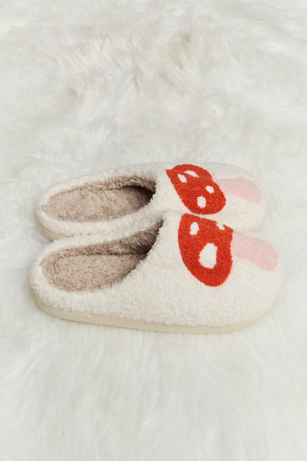 Melody - Mushroom Print Plush Slide Slippers in Pink