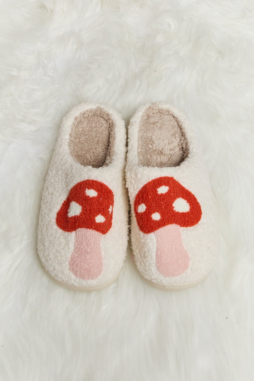 Melody - Mushroom Print Plush Slide Slippers in Pink