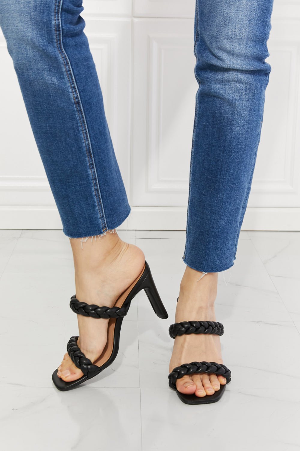 MelodyVegan Leather Double Braided Block Heel Sandal in Black