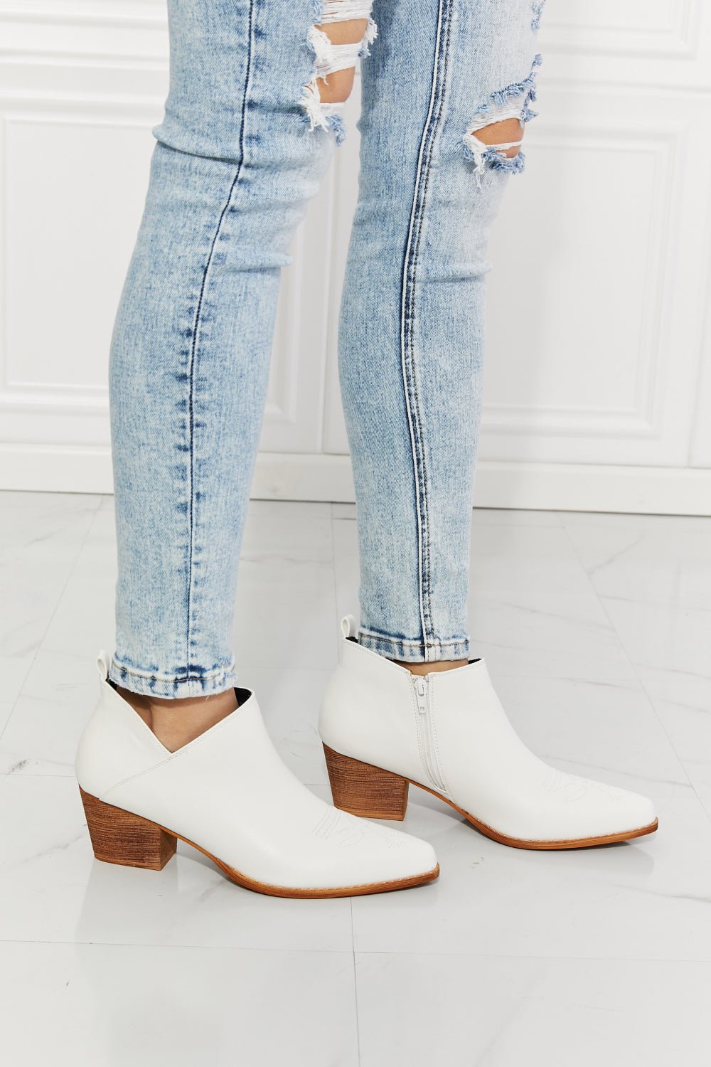 MelodyVegan Leather Embroidered Crossover Cowgirl Bootie in White