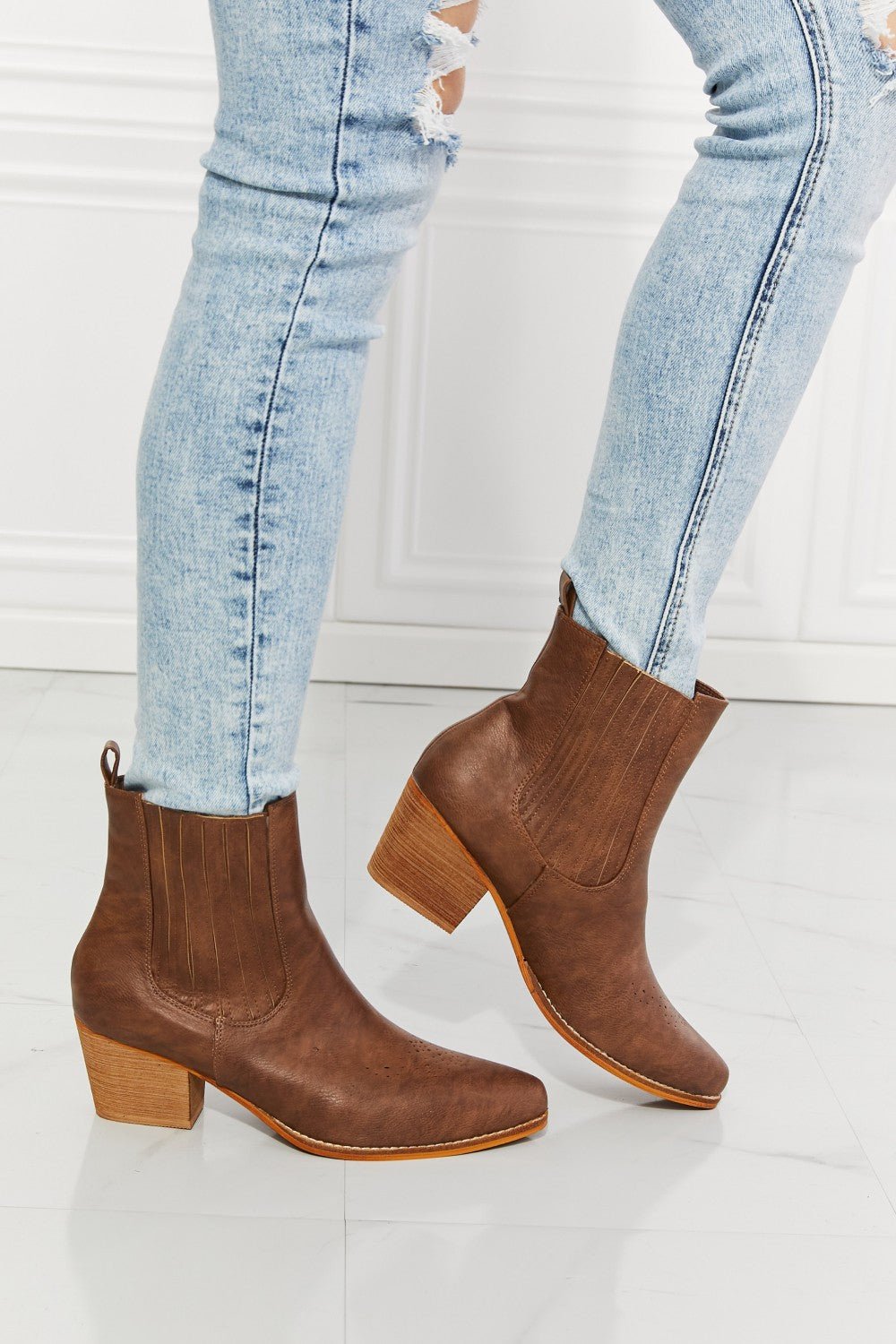 MelodyVegan Leather Stacked Heel Chelsea Boot in Brown