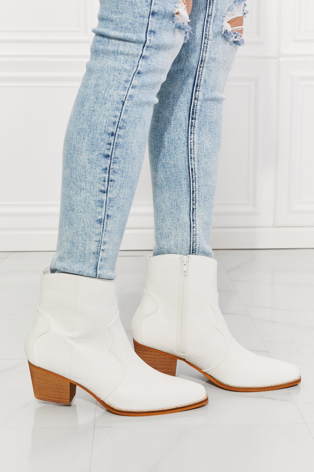 MelodyVegan Leather Western Ankle Boots in White