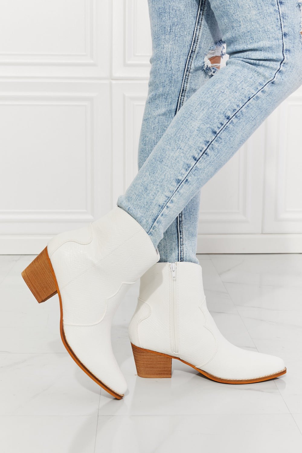 MelodyVegan Leather Western Ankle Boots in White