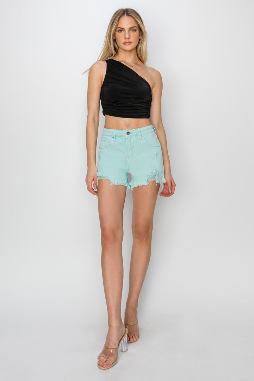 Mid Waist Frayed Hem Denim Shorts in MintShortsRISEN