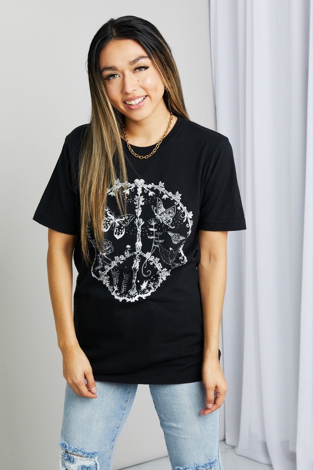 mineBPeace Sign Butterfly Graphic Tee Shirt in Black