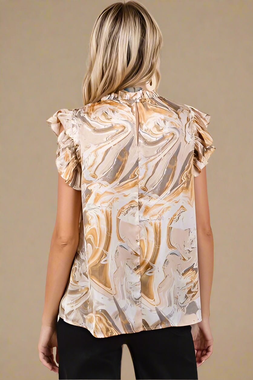 Mittoshop - Abstract Print Ruffle Sleeve Satin Top in Tan