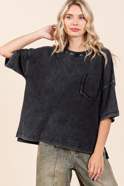 Mittoshop - Ash Black Waffle Knit Half Sleeve Top