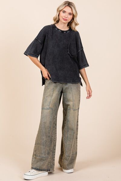 Mittoshop - Ash Black Waffle Knit Half Sleeve Top