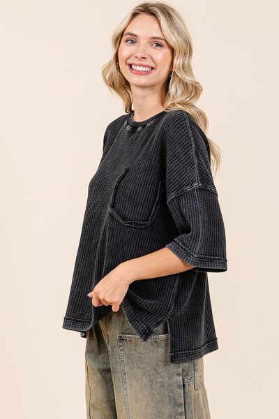 Mittoshop - Ash Black Waffle Knit Half Sleeve Top