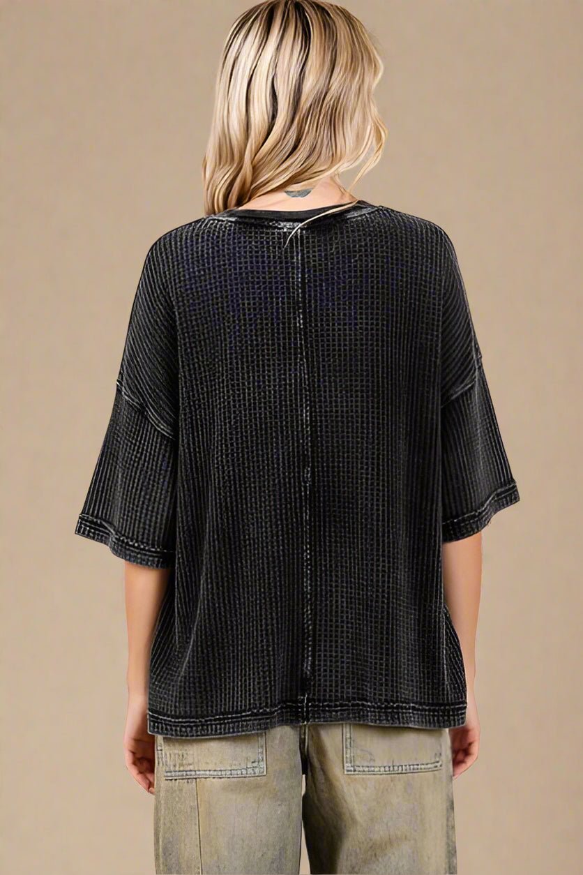 Mittoshop - Ash Black Waffle Knit Half Sleeve Top