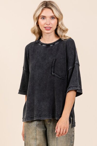 Mittoshop - Ash Black Waffle Knit Half Sleeve Top