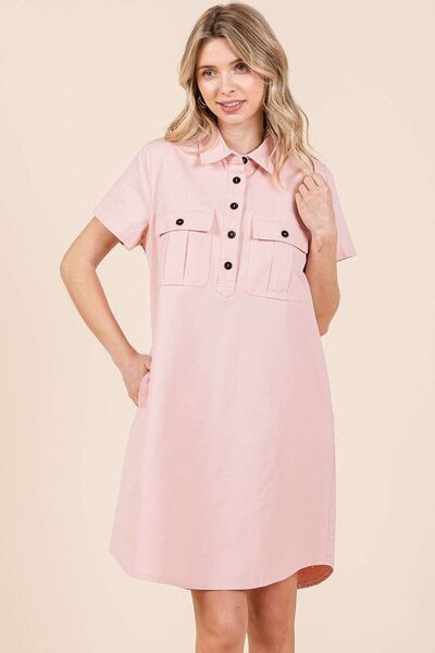 Mittoshop - Baby Pink Short Sleeve Mini Shirt Dress
