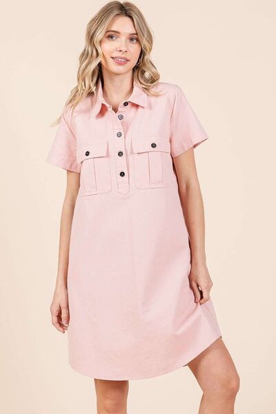 Mittoshop - Baby Pink Short Sleeve Mini Shirt Dress