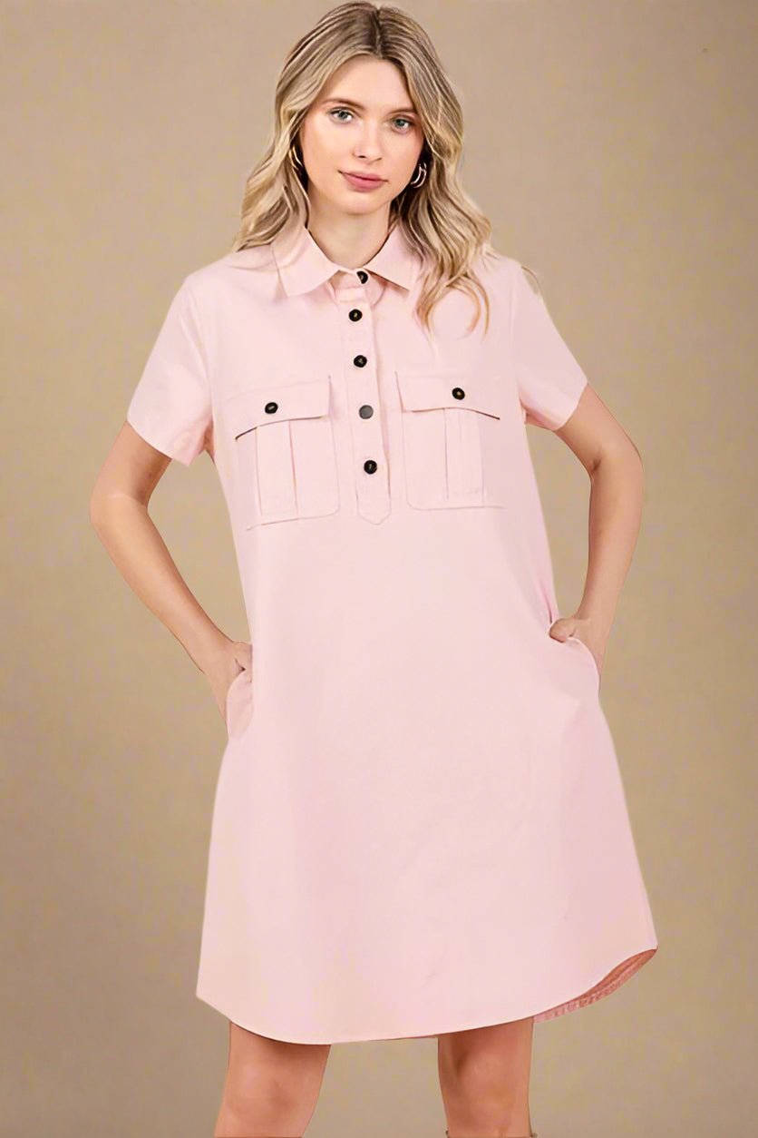 Mittoshop - Baby Pink Short Sleeve Mini Shirt Dress
