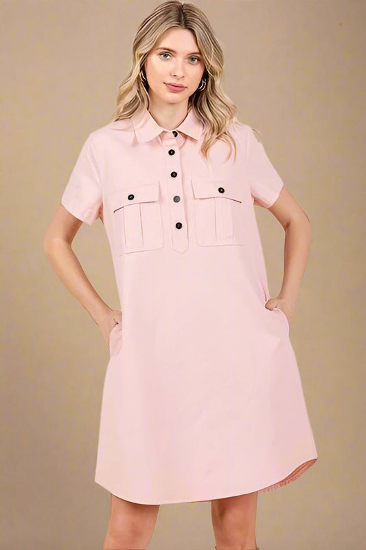 Mittoshop - Baby Pink Short Sleeve Mini Shirt Dress