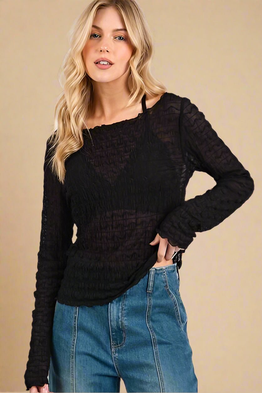 Mittoshop - Black Boat Neck Long Sleeve Blouse