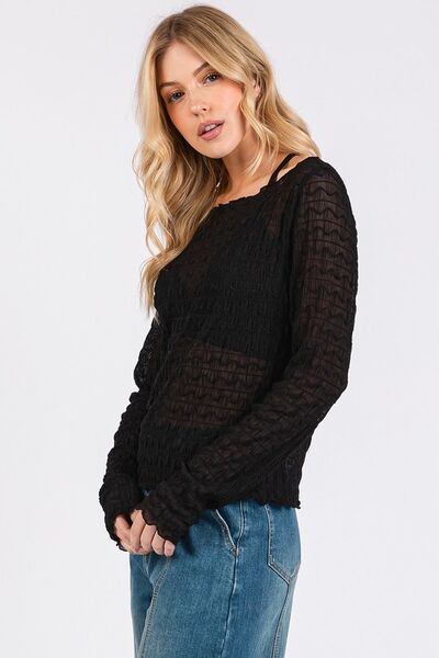 Mittoshop - Black Boat Neck Long Sleeve Blouse