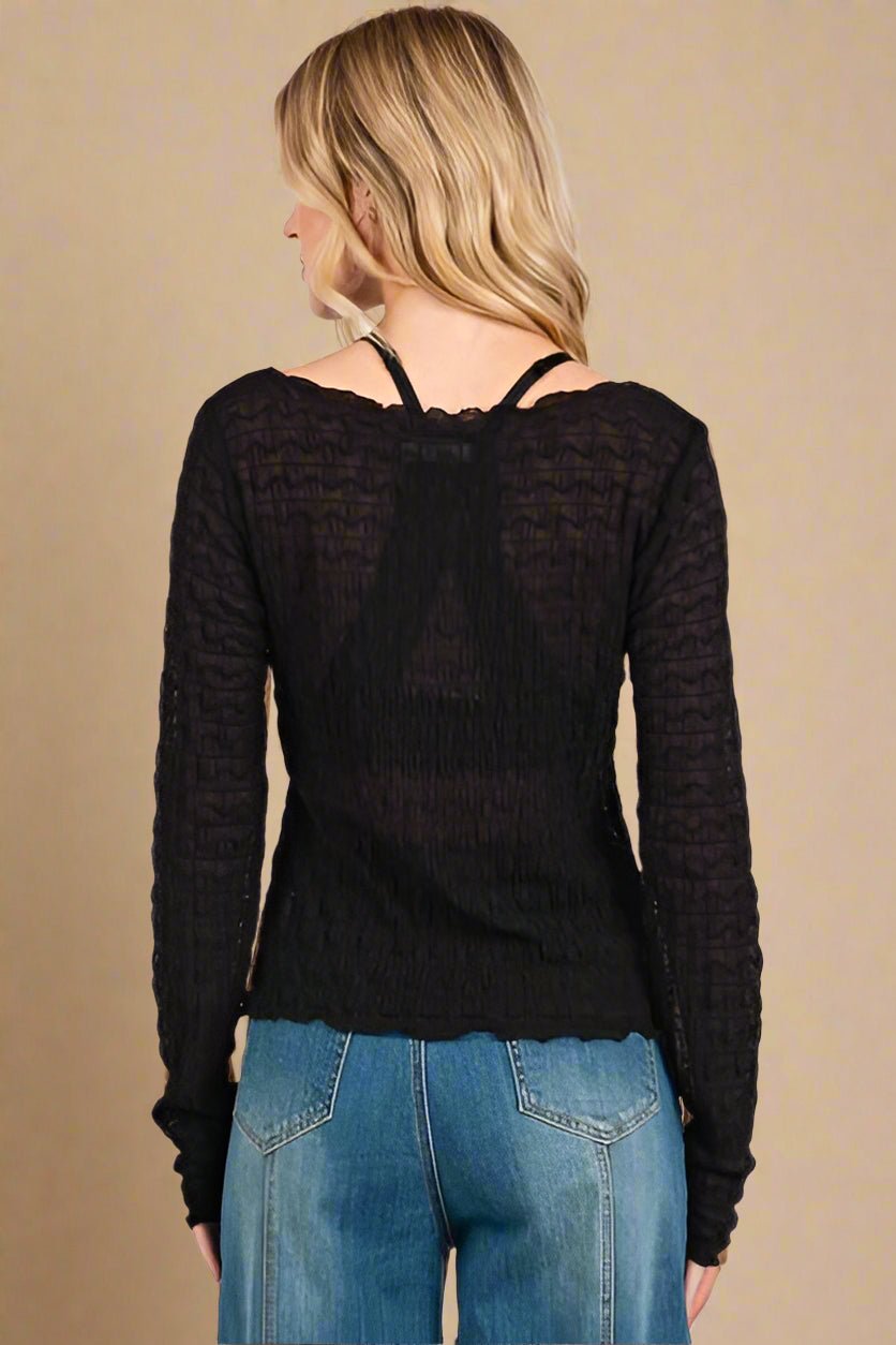 Mittoshop - Black Boat Neck Long Sleeve Blouse
