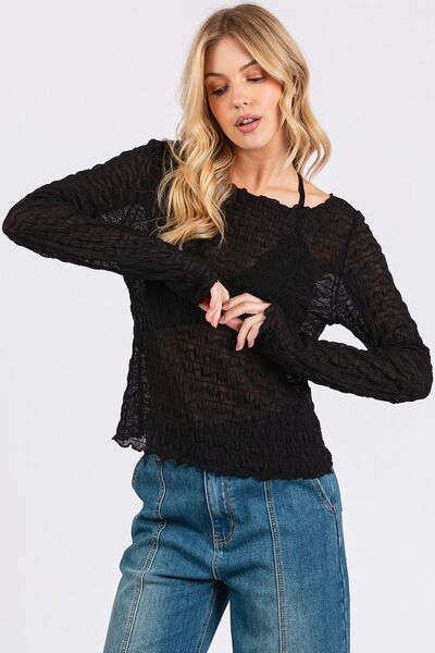 Mittoshop - Black Boat Neck Long Sleeve Blouse