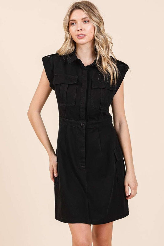 Mittoshop - Black Cargo Pocket Half Button Mini Dress