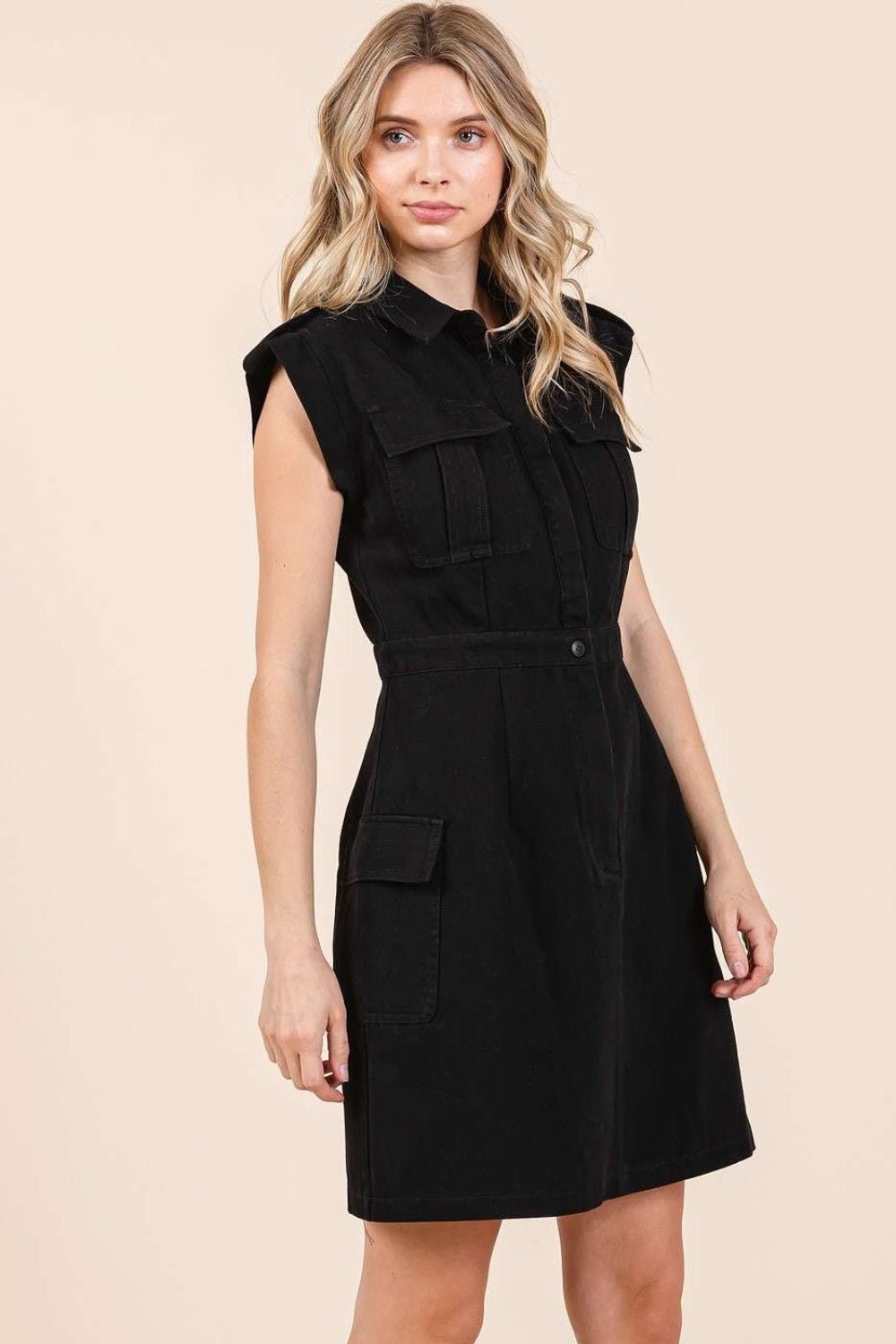 Mittoshop - Black Cargo Pocket Half Button Mini Dress